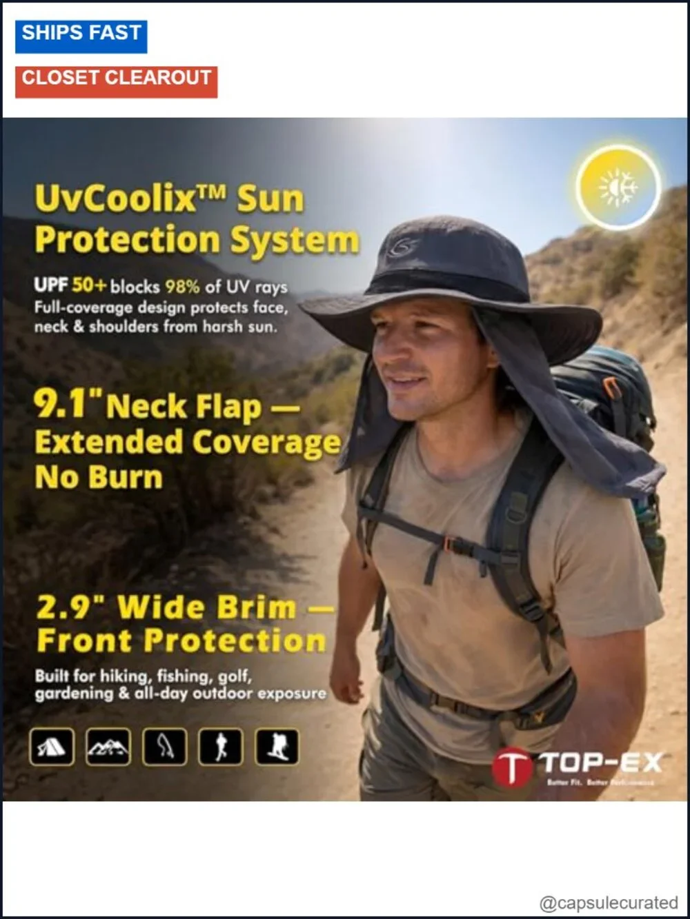 UPF 50+ Cooling Sun Hat with Neck Flap, Rollable Wide Brim, Fishing Beach Hiking